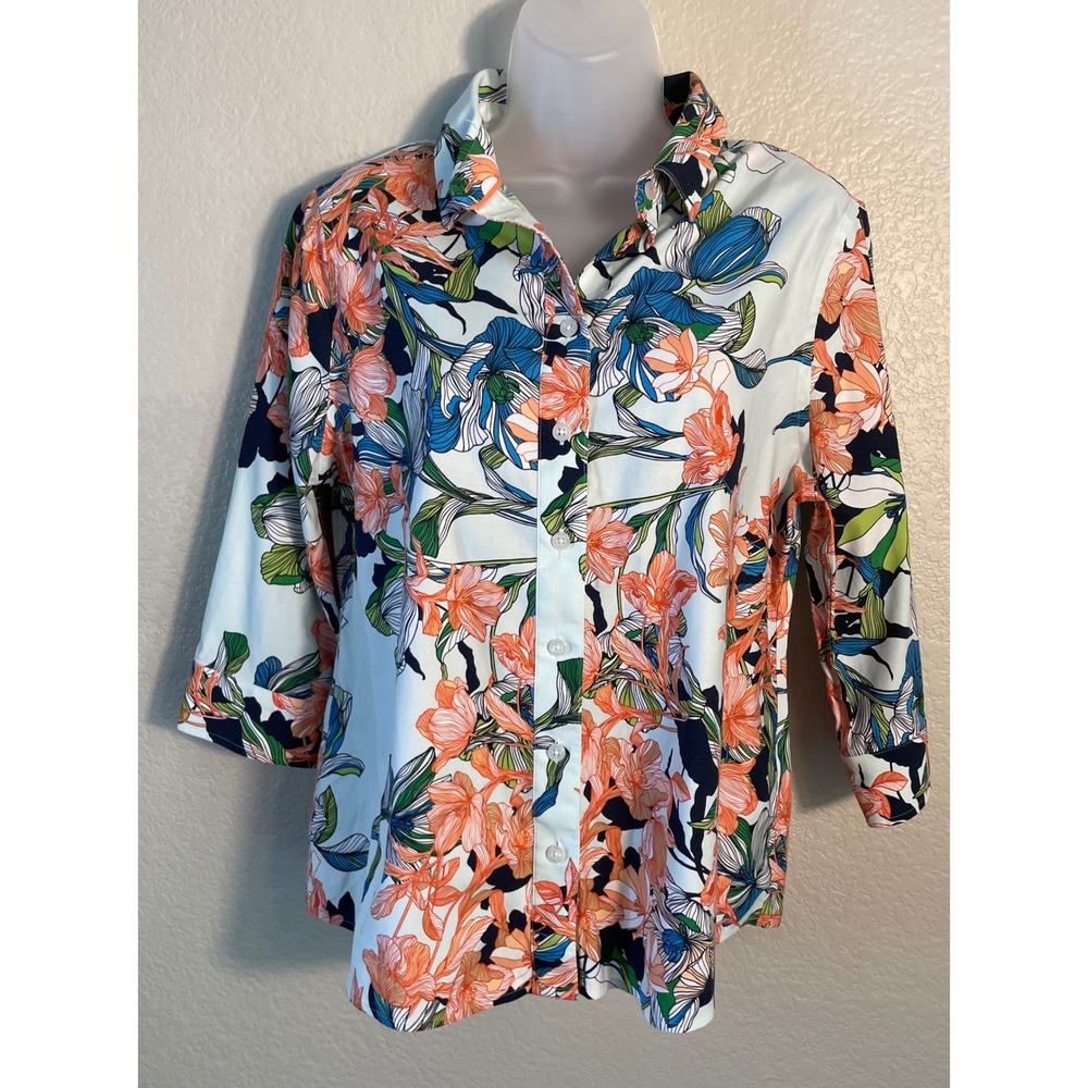 Chicos 1P US 8P Button Down Shirt Multi Floral No Iron Stretch 3/4 Sleeve Petite